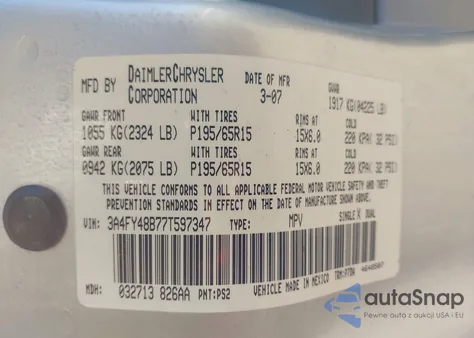 2007 Chrysler Pt Cruiser z USA, uszkodzony, nr VIN 3A4FY48B77T597347